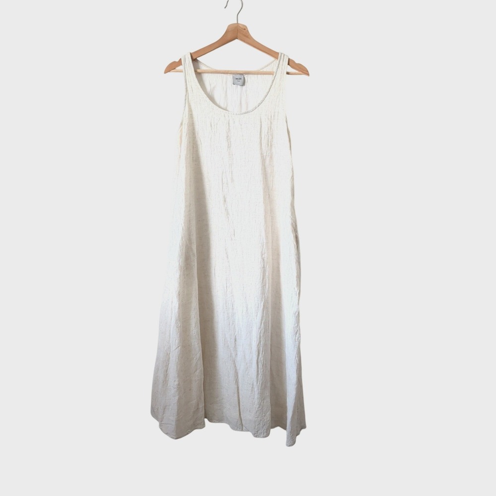 NIJII Paris Cream Linen Sleeveless Midi Dress Pockets XS S Neutral Euro Coastal